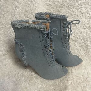 Bella Marie Frayed Denim Peep Toe Lace Up Stiletto Ankle Boots side zipper SZ10